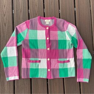 Cynthia Rowley Plaid Knit Crewneck Cardigan Size L Colorful Retro Luxury